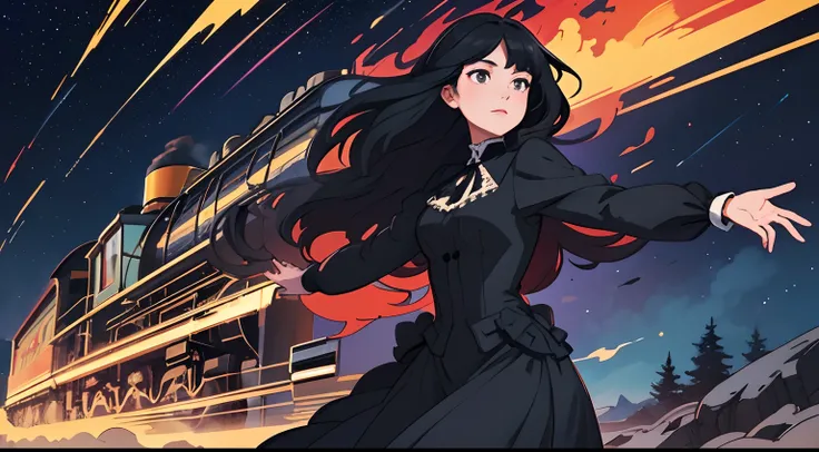 beautiful and asethetic, masterpiece, movie poster, best quality, drawing of a of a long black haired woman with a high collared black long sleeved victorian dress dramatic pose in front of a steam train, celestial, stars, bright colors, abstract, by james...