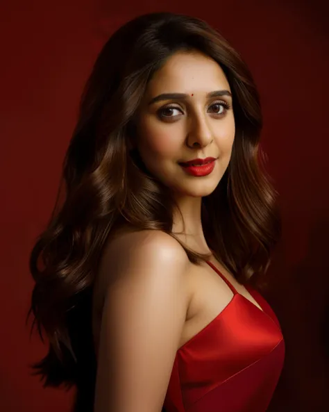 anusha bhatia in a red dress, in a red dress, beautiful alison brie magician, in red background, gorgeous female alison brie, very attractive and beautiful, very seductive pose, in red and black, photoshoot, very nostalgic, grayscale phtoto with red dress,...