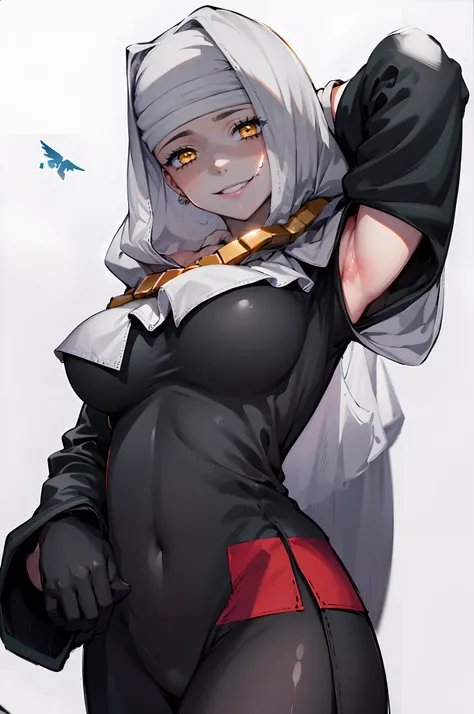 armpits, 1girl, gloves, looking_at_viewer, black_gloves, solo, jacket, long_sleeves, arm_up, parted_lips, black_shirt, shirt, black_jacket,  grey_background, upper_body, gradient_background, breasts, gradient, blush, grin, mole, arm_behind_head, large_brea...