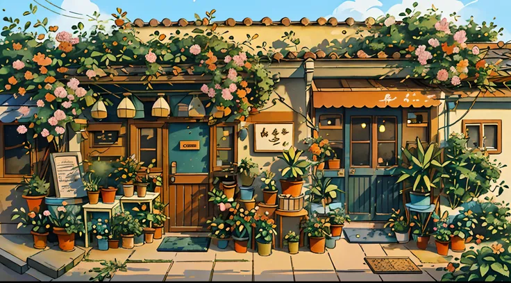 jzcg021,flower shop,coffee spots,gauges,a chair,no one,janelas,flowers,a plant,plants in pots,aquarelle (mediating),landscapes,d...