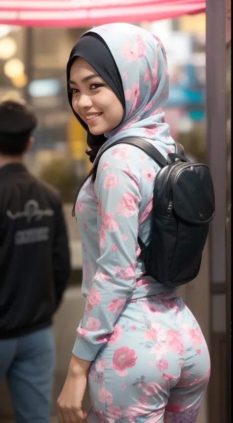 Malay girl in hijab wear small floral baju kurung malaysia in college, wear back pack, back view, detail skin, detail skin texture, mole below eyes, small breast, big hip, big waist, big round ass, big thigh, slim abs, beautiful body, nighttime, laughing, ...