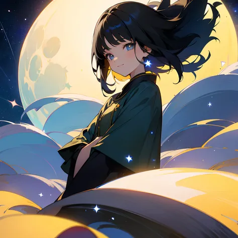 Beautiful illustration、top-quality、girl with、Black hair、shorth hair、hair adornments、A slight smil、(((Delicat eyes)))、Ride the Galaxy Express、Beautiful Full Moon、Clean stars