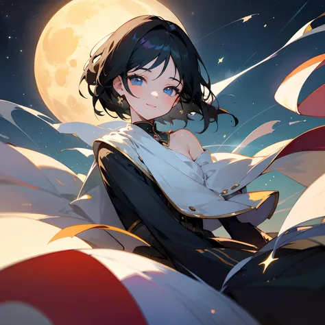 Beautiful illustration、top-quality、girl with、Black hair、shorth hair、hair adornments、A slight smil、(((Delicat eyes)))、steam train、Beautiful Full Moon、Clean stars