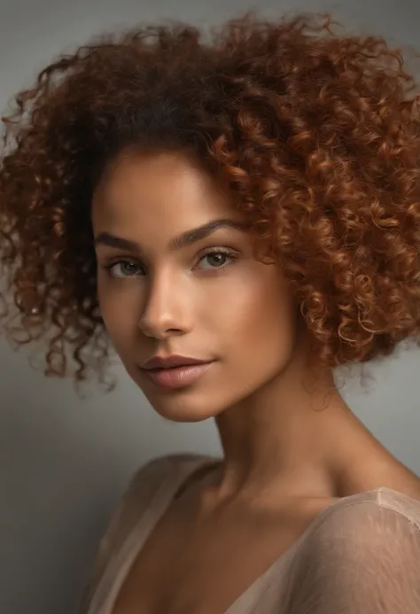 "Ultra-realistic image of a beautiful 18-year-old Afro-Latin girl,Caramel peel, corps parfait, Prendre un selfie dans son bureau avec son iPhone 14, maigre, taille ultra-fine, cheveux rouge, Curly and curly hair karibean , piercing green eyes.hyper-realist...