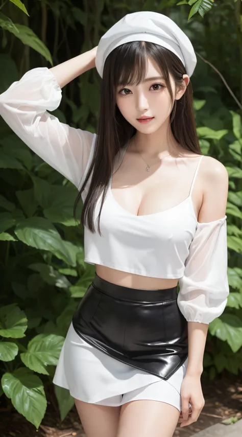 (Best Quality, masutepiece, Ultra HD: 1.3), 1womanl, （middlebreasts）, Black hair, Blunt bangs, hair behind ear, hair over shoulder, （Long hair）,（ slender body shape）, （Ultra Fine Face）, Delicate lips,（beautidful eyes）, thin blush, Eyes are black, （perfect ...