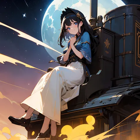 Beautiful illustration、top-quality、girl with、Black hair、shorth hair、hair adornments、A slight smil、(((Delicat eyes)))、Sitting on the steam locomotive、Beautiful Full Moon、Clean stars