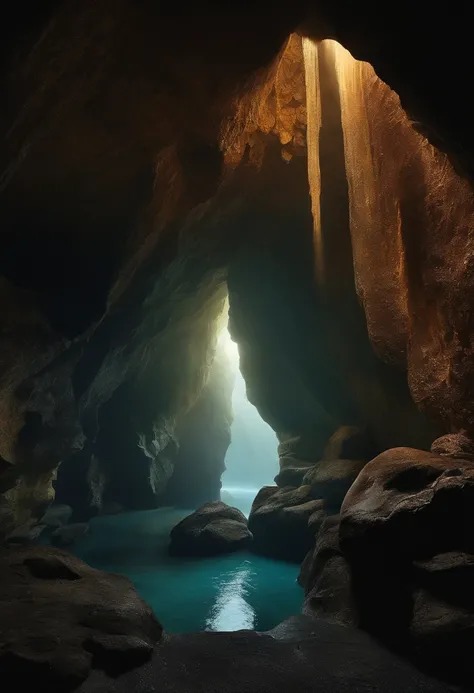 make an image of a realistic cave being seen from the entrance door with stalachitite, dark and with stones