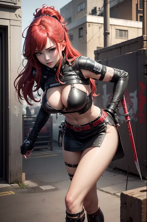 (8K,masuter piece:1.2、top-quality)、(Live Action、Intricate details)、(1 milf、独奏、The upper part of the body、Colossal tits) Red cyberpunk costume、Red leather skirt　enticing　Avant-garde、Experimental appearance: Long red wavy hair、real looking skin　A sexy　holdin...