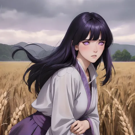 masterpiece, high detailed, high resolution, 4k, (1girl, solo, samurai armor, sad, depressed, mourning,Blunt Bangs, purple eyes, long dark blue hair, blush, no helmet, fit, on knees, pretty eyes, beautiful face), (rainy, wheat field, cloudy, sword in the g...