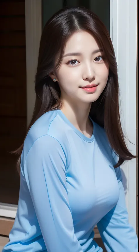 realistic photos of 1 cute Korean star, straight hair, white skin, thin makeup, 32 inch breasts size, wearing blue long sleeves shirt, sitting in front of the house, upper body portrait, UHD