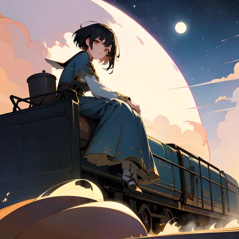 Beautiful illustration、top-quality、girl with、Black hair、shorth hair、hair adornments、Fashionable clothes、A slight smil、(((Delicat eyes)))、Sitting on a steam locomotive、Beautiful Full Moon、Clean stars