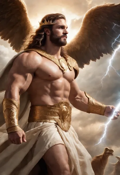 (highres,best quality,realistic:1.37),Zeus,King of the gods,Mt. Olympus,celestial lighting,commanding presence,thunderous power,golden crown and scepter,muscular build,beard and flowing hair,intricate lightning bolts,rays of divine energy,chariot pulled by...