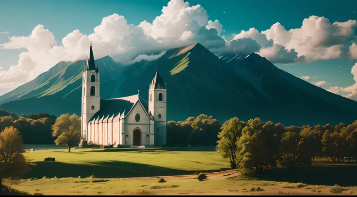 Jesus Christ IS IN the clouds looking at the Church, a beautiful Church, in a beautiful landscape