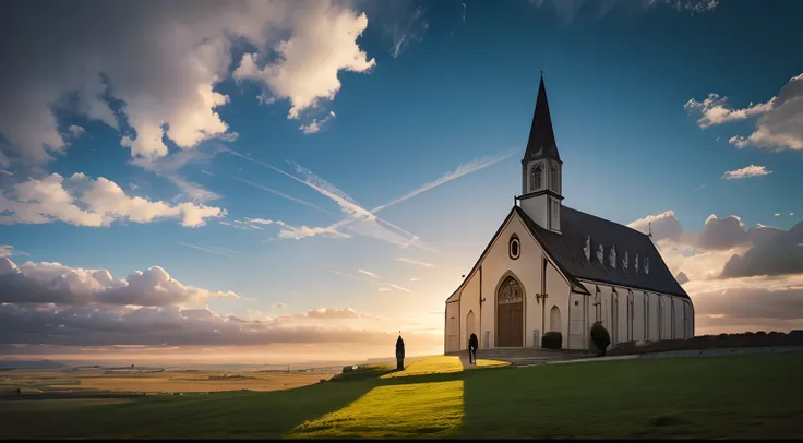 Jesus Christ IS IN the clouds looking at the Church, a beautiful Church, in a beautiful landscape