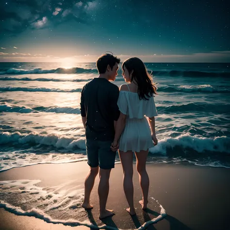 /imagine prompt: An emotional reunion of two long distant lovers, standing on a moonlit beach, waves gently washing ashore, stars illuminating the night sky, their faces filled with joy and tears, Realistic Photography, using a 50mm prime lens