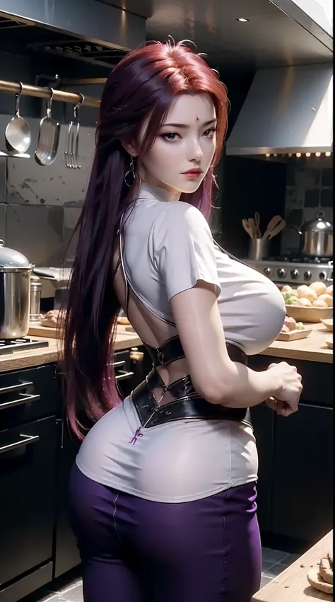 A beautiful sexy young woman, as a chef,she is wearing chef clothes,tight clothes,in a kitchen,cooking something,big boobs, big ass, sexy figure, thin waist, sexy expression, posing for picture, long purple hair,straight hair,