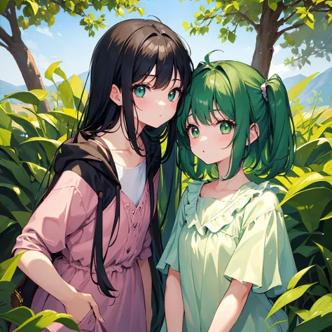 Two little girls, one with black hair and one with green hair, green eyes, cute