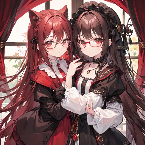 Light, reddish brown braided hair，With thick black-framed glasses，The eyes are very affectionate，With a cute black ring necklace，brown pubic fur、Lolita clothes in red and white colors，The face is shiny and super tender，is a petite cute little sweet girl