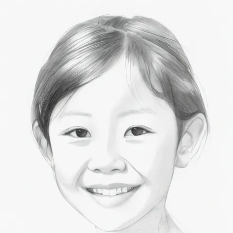 young asian girl sligltly smiling, sketch artstyle, graycale, monochrome, ((solo))