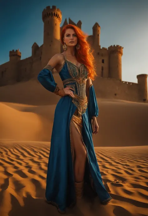 Masterpiece, Best quality, Solo, 1girll, Orange hair, Blue hair, :D, Orange dress, view the viewer, Outdoors, Sand, sand dune, huge castle, crown, standing, full bodyesbian, Cowboy shot, Hands on hips,