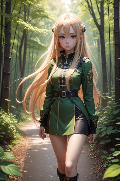 digital painting of anime girl, long blonde streaked hair, hair behind ears, hair between eyes, hime cut, green eyes, causal uniform, in a forest, trees, grass, animals, daylight, professional digital art, digital illustration, inspired by lariennechan, re...