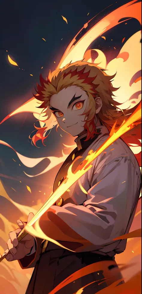 rengoku kyoujurou, 1 man, leaning towards viewer, facing viewer, battle stance, flames, wind, glowing light, beautiful lighting,...