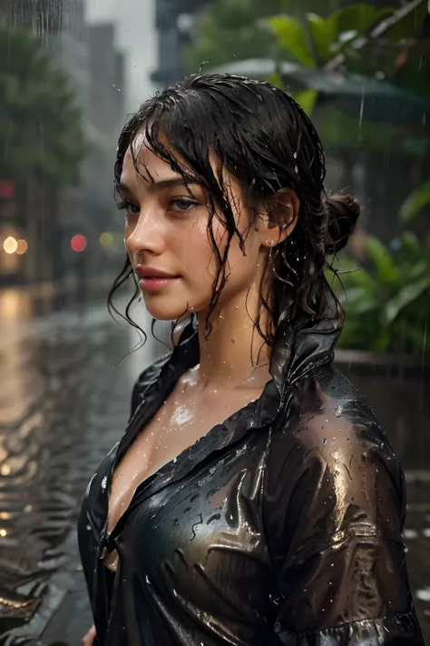 woman stands outside in the rain, shimmering skin, she holds an umbrella over her, finest luxury (canopy umbrella, color pattern: black and red), shes under umbrella, reflecting rain light on her, (shes soaking wet from the pouring rain, standing outside i...