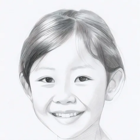 young asian girl sligltly smiling, sketch artstyle, graycale, monochrome, ((solo))