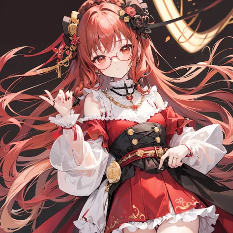 Light pale reddish brown braided hair，With thick black-framed glasses，The eyes are very affectionate，With a cute black ring necklace，brown pubic fur、Red and yellow、Lolita clothes in white color，The face is shiny and super tender，is a petite cute little swe...