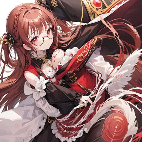 Light pale reddish brown braided hair，With thick black-framed glasses，The eyes are very affectionate，With a cute black ring necklace，brown pubic fur、Red and yellow、Lolita clothes in white color，The face is shiny and super tender，is a petite cute little swe...