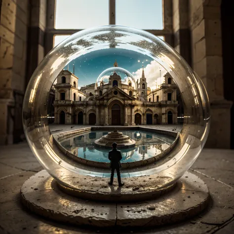 cathedral of matera inside a glass bubble. bubble is placed on the windowsill. extremely detailed, 8k, apocalyptic punk style, m...