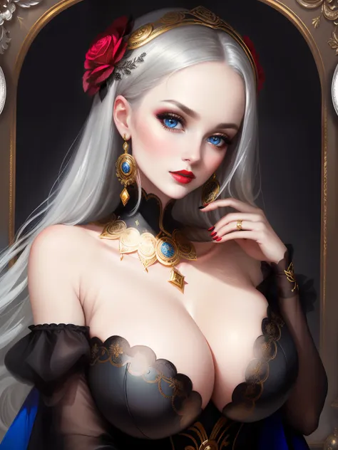 ((old painting portrait)) ((round ornamented silver frame)) (Face and breast Close up shot) woman beautiful face, big blue eyes, red lipstick, dark eyeshadows make up, long straight black hair, (pale skin), gold neck ornament, huge breast, slim figure, str...