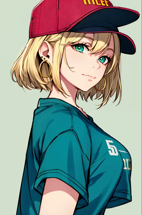 neoartcore, 1girl, masterpiece, best quality, 1girl, aqua eyes, baseball cap, blonde hair, closed mouth, earrings, green backgro...