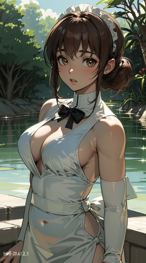 Masterpiece、、、, super high quality, super detailed, perfect drawing, solo, beautiful girl, chubby (1.2), whip, little fat, (maid cafe), sneak costume, upper body only, gesture of raking hair with both hands, wide open armpits, soft belly, bulging bust top,...