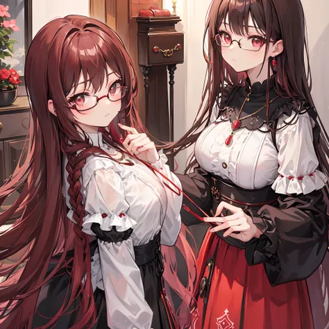 Reddish brown braided hair，With thick black-framed glasses，The eyes are very affectionate，With a cute black ring necklace，Lolita clothes in brown and red colors，The face is shiny and super tender，is a petite cute little sweet girl