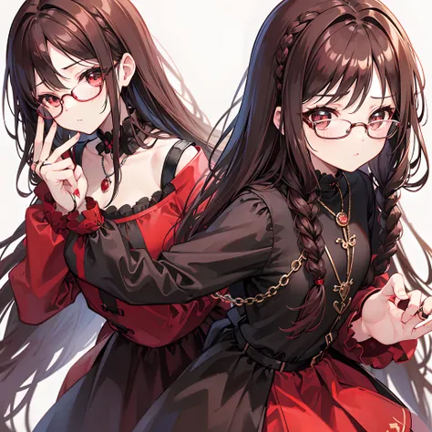 Reddish-brown braided hair，Wear thick black-framed glasses，The eyes are affectionate，Pair it with a cute black ring necklace，Brown and red Lolita clothes，The face is shiny，Super tender，is a petite and cute little sweet girl