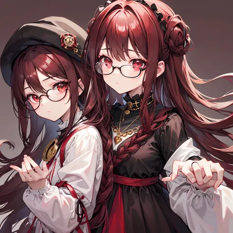 Reddish brown braided hair，With thick black-framed glasses，The eyes are very affectionate，With a cute black ring necklace，Lolita clothes in brown and red colors，The face is shiny and super tender，is a petite cute little sweet girl