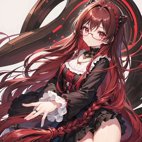 Reddish brown braided hair，With thick black-framed glasses，The eyes are very affectionate，With a cute black ring necklace，Lolita clothes in brown and red colors，The face is shiny and super tender，is a petite cute little sweet girl