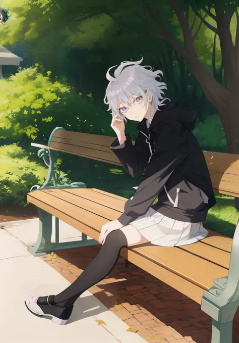 Anime girl sitting on bench，One leg is broken, killua zoldyck, inspired by Kamisaka Sekka, prussia, Loli, hajime yatate, killua zoldyck black hair, nagito komaeda