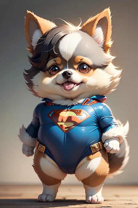 C4tt4stic,cartoon pomeranian dog in superman costume（The specifics of the appearance of the Pomeranian dog、Body hair is light gray）、a smile