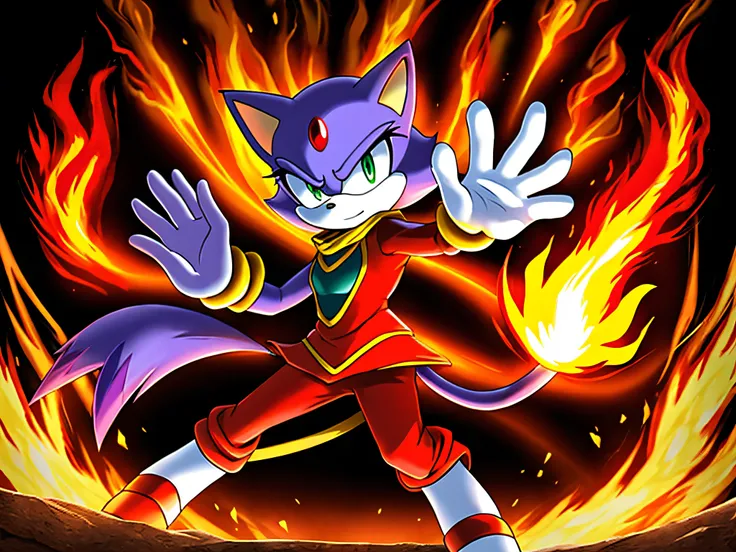 a skinny and shapely blaze the cat from sonic the hedgehog, blaze the cat outfit, stern heroic look, waving fire around with her hands, fire magic, pyrokinesis, epic battle pose, fire in her eyes, swirling fiery background, professional digital illustratio...