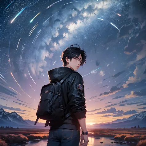 ((Best Quality, 8K, Masterpiece: 1.3)), landscape, morning shoot, star trail, slow speed, standing young man with black hair, black jeans, look at the stars, amazing scenery, hundreds of stars forming a circle.