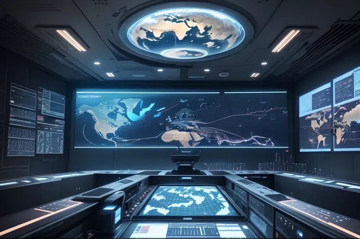 first person view of futuristic control room with a lot of screens with many data and world maps, Highly detailed 8K Retreno studio lighting , .RAW, 4k, Ultracalidad, HD