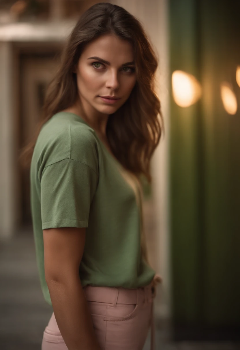 Girl with brown hair and green eyes in tight, light beige khaki pants and a pink T-shirt covered in green sludge