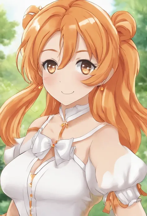 Orange “pretty cure “charecter, pretty, in a “pretty cure” anime style wearing an outfit like the orange pretty cure anime protagonists wearing two long orange flowy ponytails, hair color orange. Very pretty face, excited and eager looking. Wearing not a l...