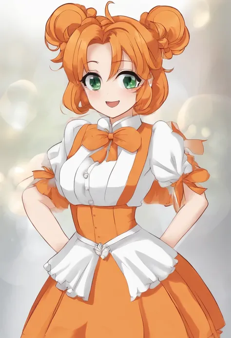 Orange “pretty cure “charecter, pretty, in a “pretty cure” anime style wearing an outfit like the orange pretty cure anime protagonists wearing two long orange flowy ponytails, hair color orange. Very pretty face, excited and eager looking. Wearing not a l...