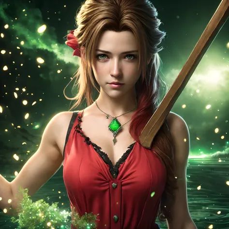 Aerith, cabelos longos, pelo marrom, fluindo contra o vento, belos olhos verdes brilhantes, looking at the camera, hairbow, 4k, Ultra HD | | |, hiper detalhado, fechar para cima, water, detailed water, Detailed reflection in water, Final Fantasy Rio, Fundo...