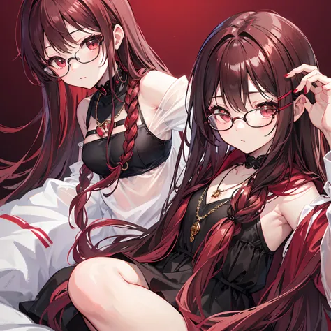 Reddish brown braided hair，With thick black-framed glasses，The eyes are very affectionate，With a cute black ring necklace，Lolita clothes in brown and red colors，The face is shiny and super tender，is a petite cute little sweet girl