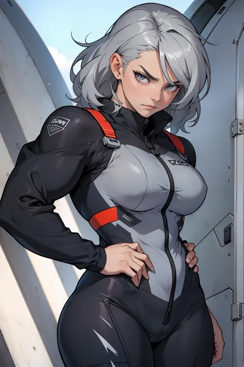 grey hair grey eyes (muscular) curvy (contempt expression) solo pilot suit (1 girl)