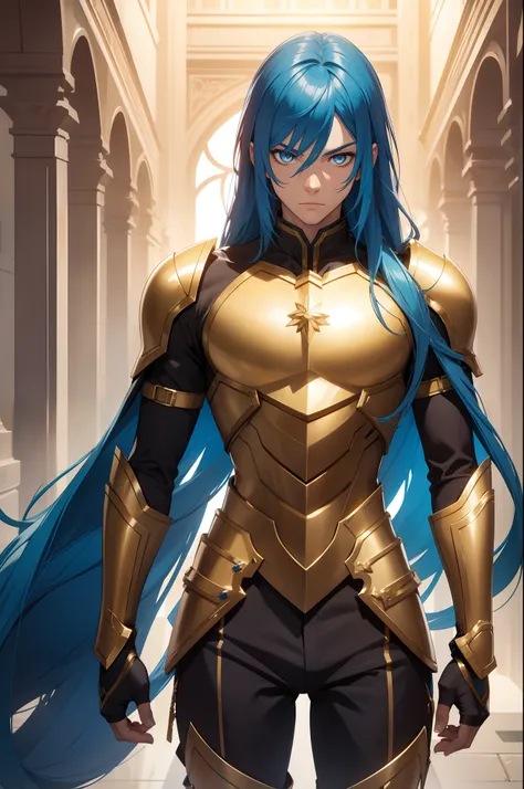 solo male, blue hair, yellow eyes, long hair, golden armor, slim, form fitting, fantasy